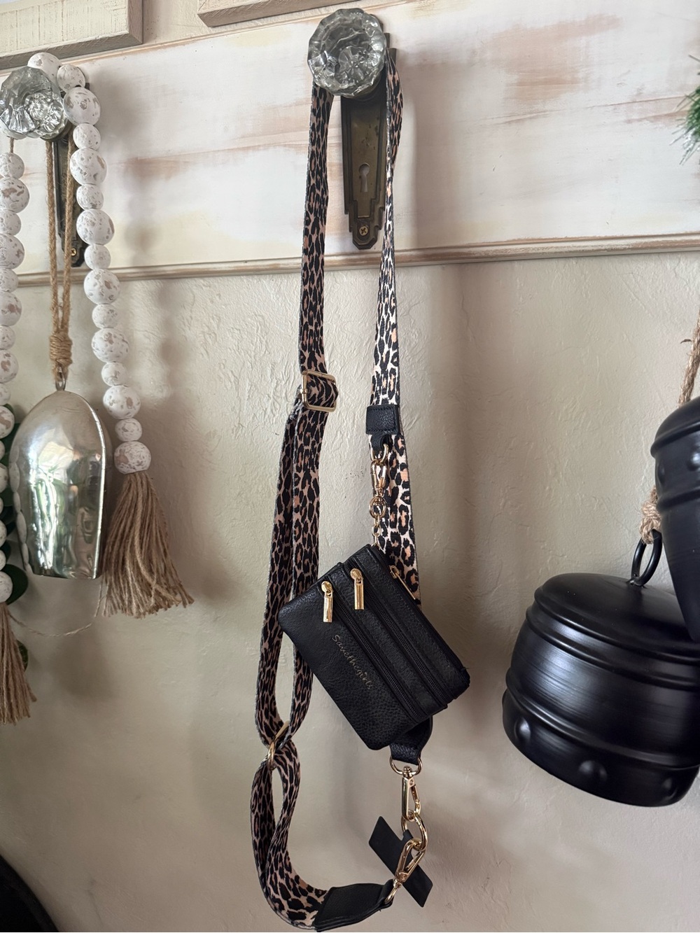 Save the Girls - Black Phone Crossbody with Leopard-Print Adjustable Strap